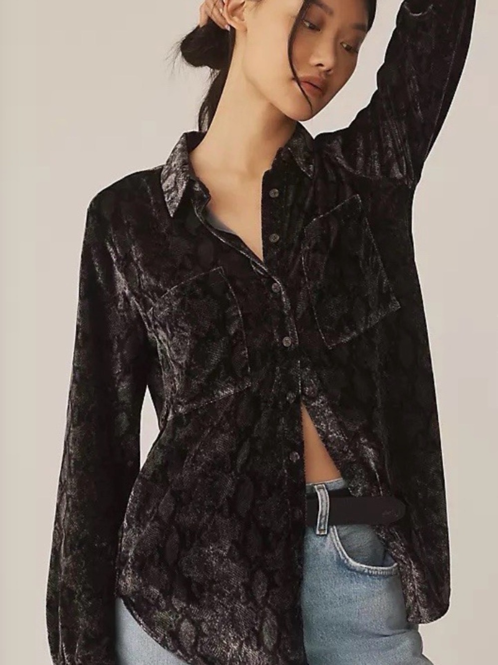 Anthropologie Pilcro The Hadley Velvet Relaxed Buttondown Shirt Gray Snakeskin M